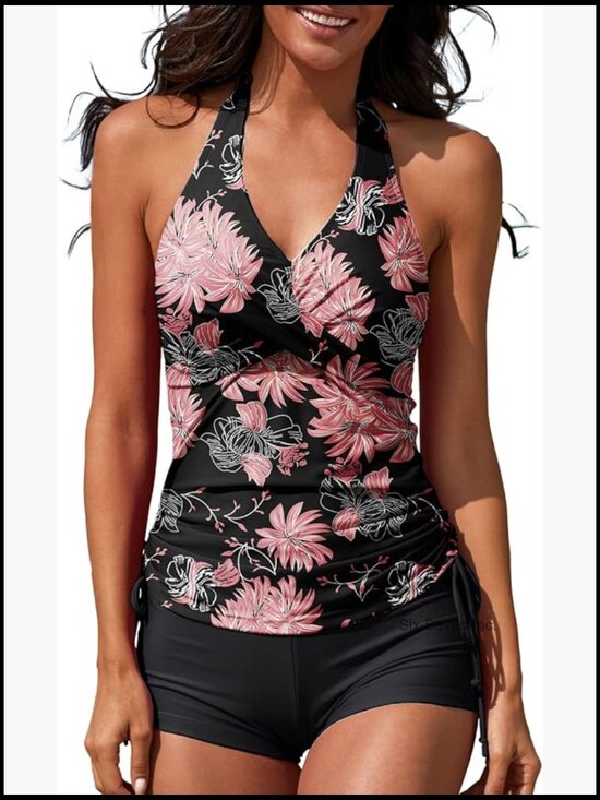 Other - Two Piece Tankini Halter Padded Adjustable Drawstring Swimsuit with Boyshorts